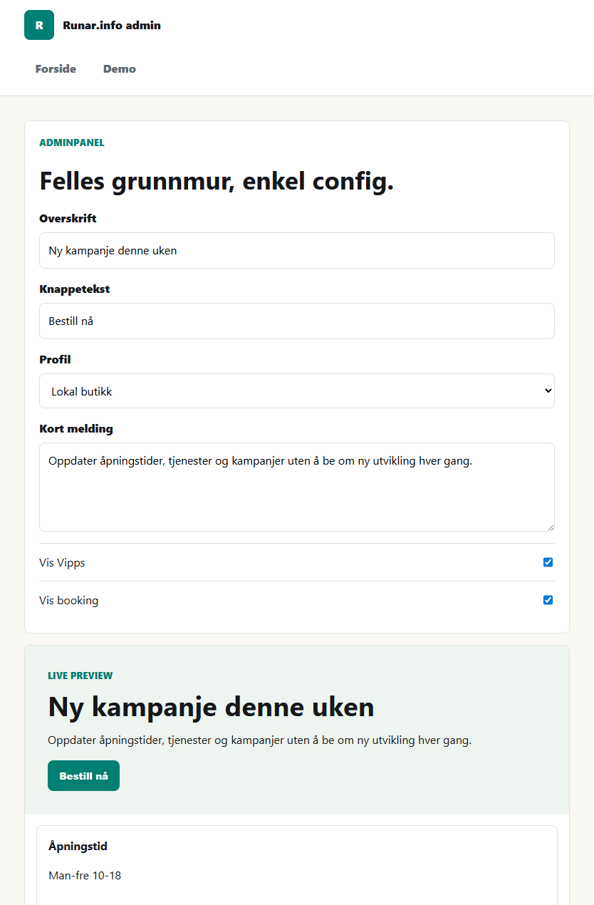 Skjermbilde av adminpanel-demo